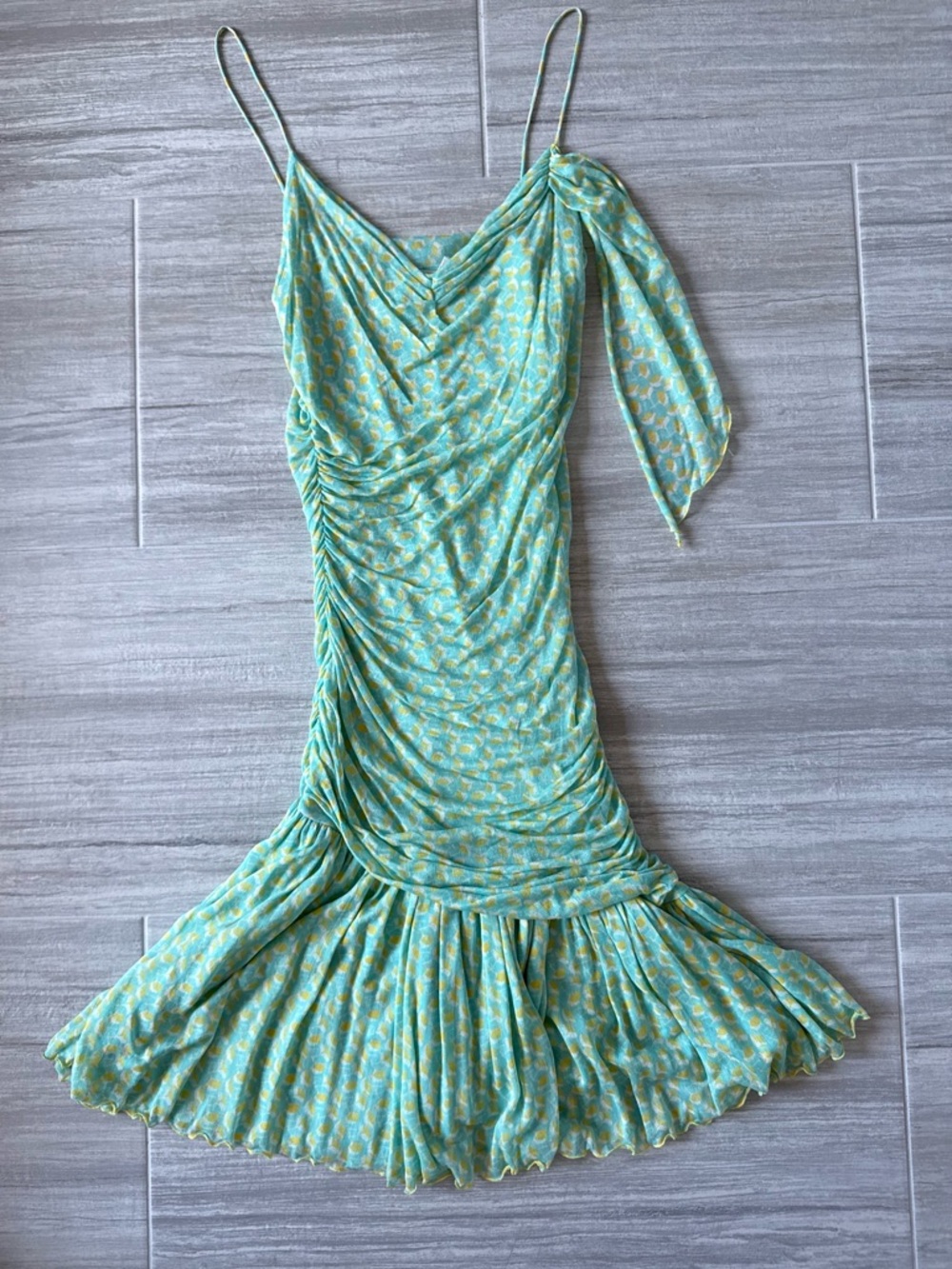 Diane Von Furstenberg Silk Green and Yellow Ruched Slip Dress